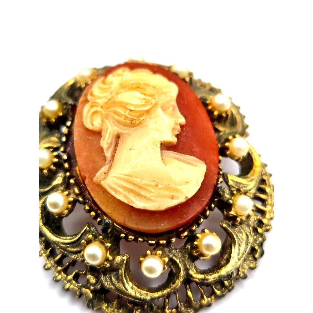 Vintage Cameo Brooch or Pendant Gold-Tone Filigree with Faux Pearls Mid-Century